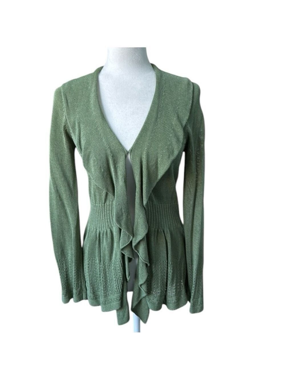 Lakeland Long Sleeve Ruffle Front Knit Olive Green Cardigan Sweater Size UK12